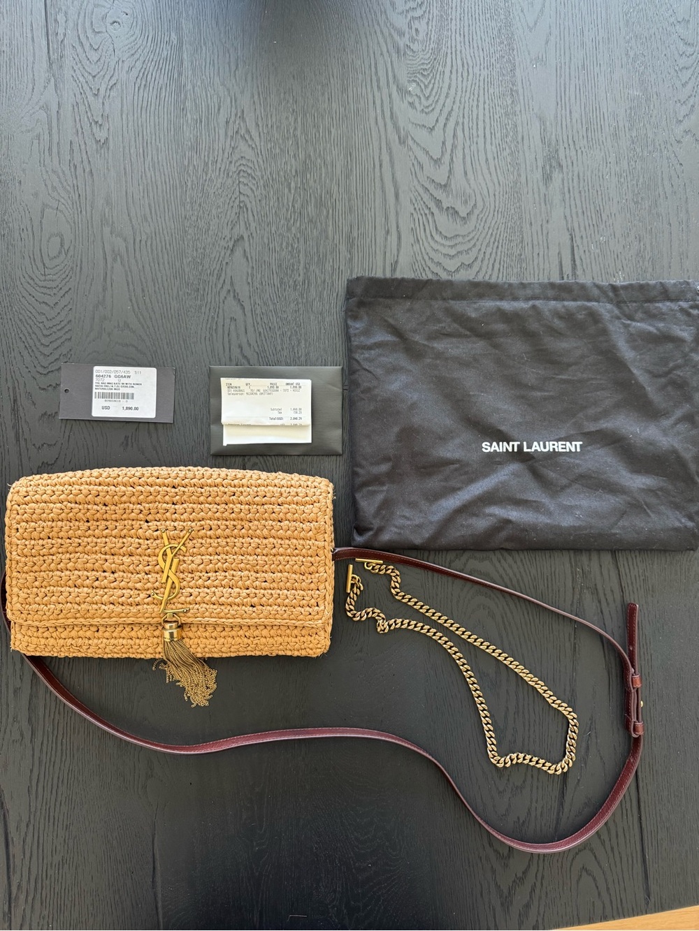 Saint Laurent Tan Raffia Woven Crossbody with Gold YSL Tassel